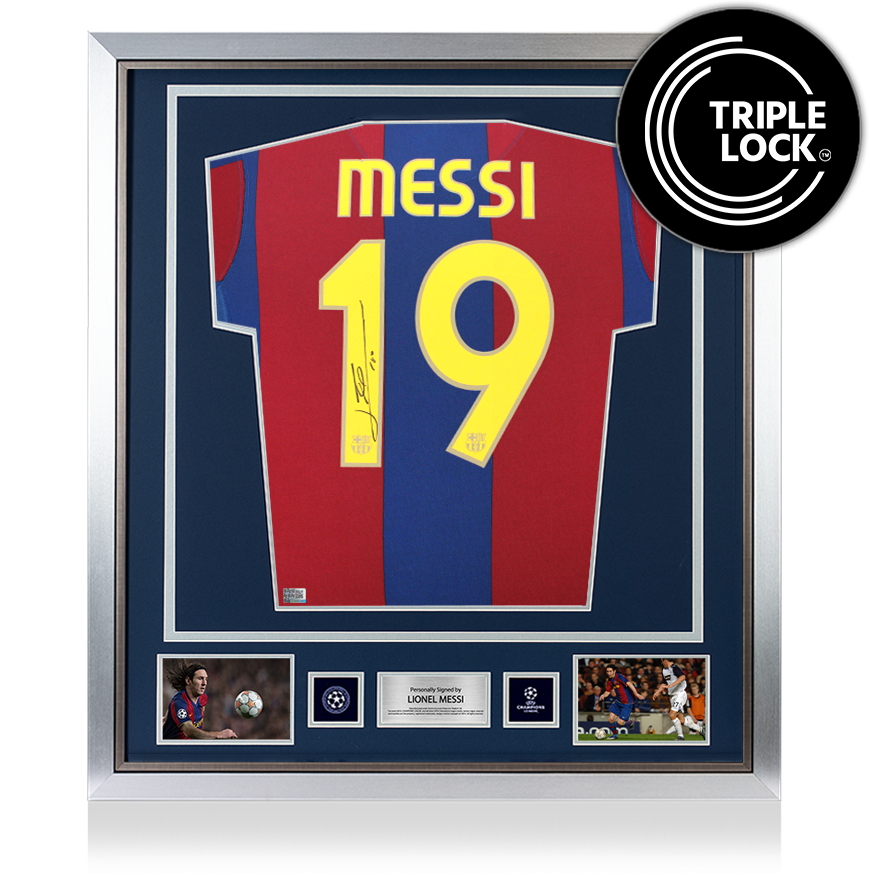Lionel Messi Official UEFA Champions League Back Signed and Framed FC Barcelona 2007-08 Home Shirt