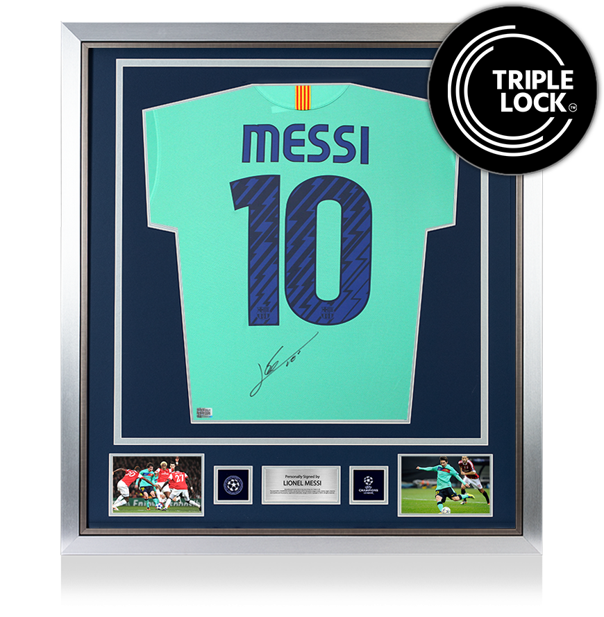 Lionel Messi Official UEFA Champions League Back Signed and Framed FC Barcelona 2010-11 Away Shirt