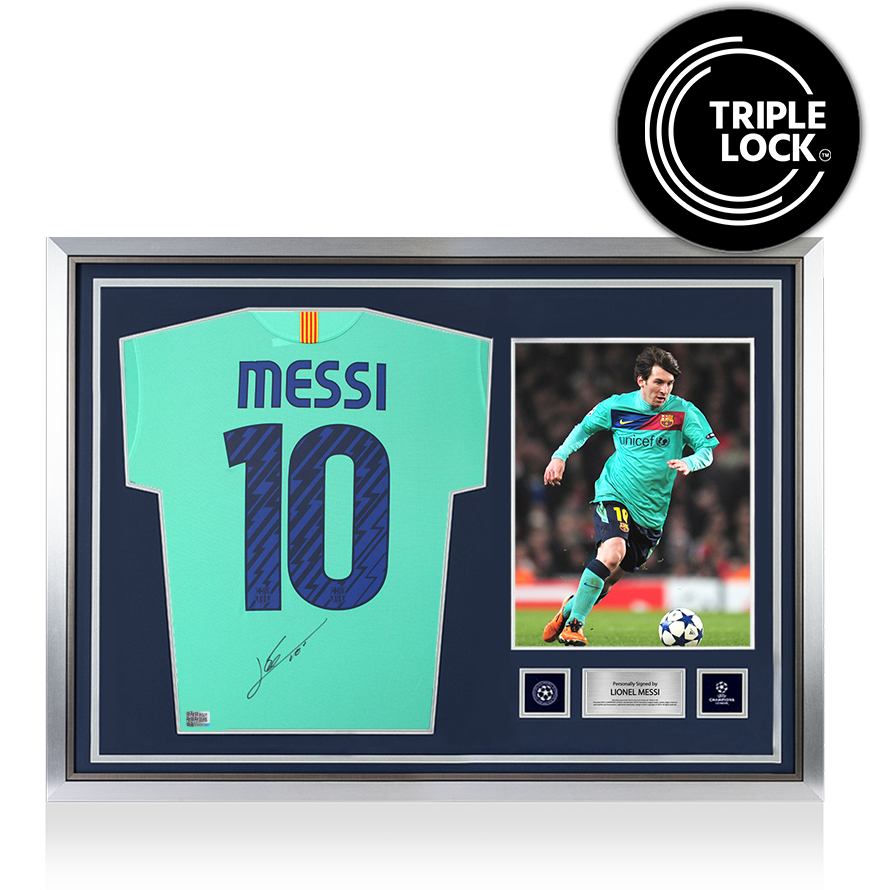 Lionel Messi Official UEFA Champions League Back Signed and Hero Framed FC Barcelona 2010-11 Away Shirt