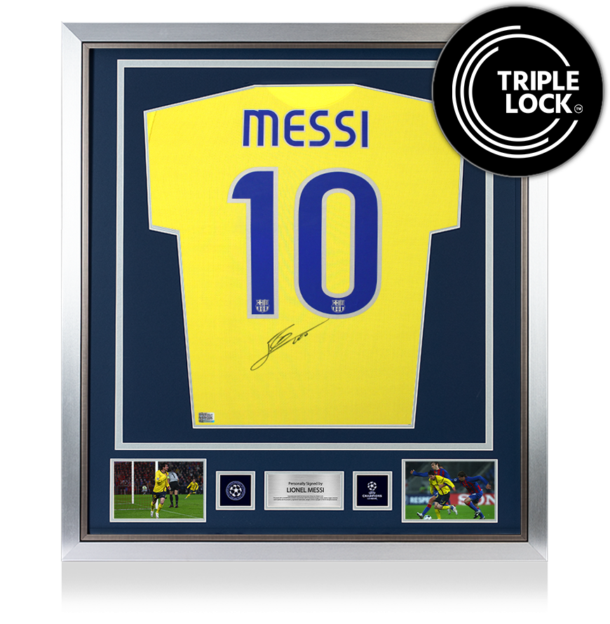 Lionel Messi Official UEFA Champions League Back Signed and Framed FC Barcelona 2008-10 Away Shirt