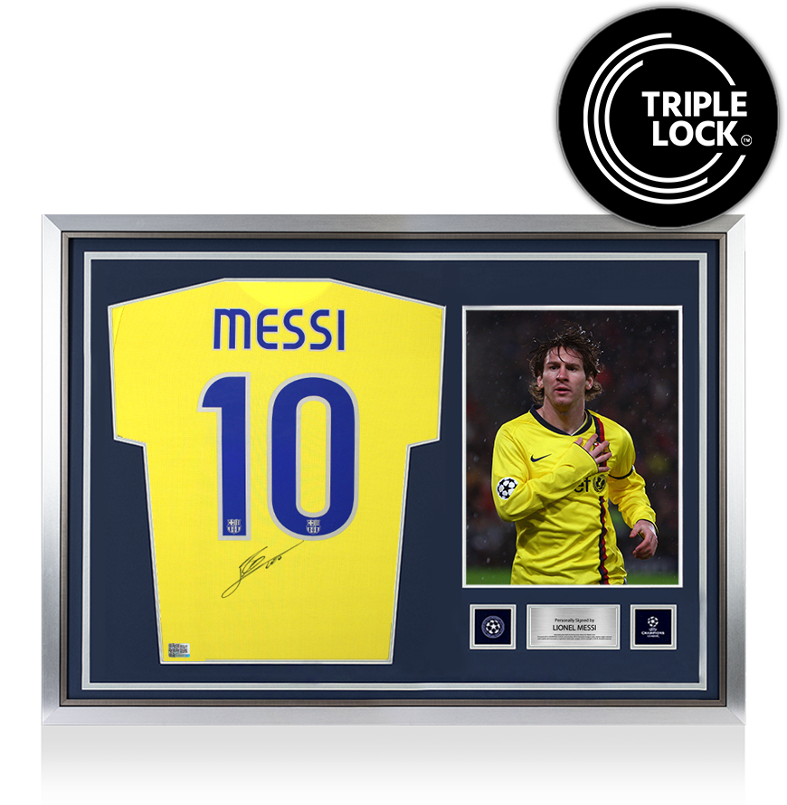 Lionel Messi Official UEFA Champions League Back Signed and Hero Framed FC Barcelona 2008-10 Away Shirt