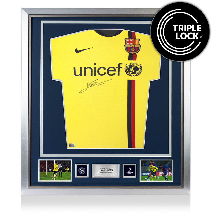 Lionel Messi Official UEFA Champions League Front Signed and Framed FC Barcelona 2008-10 Away Shirt