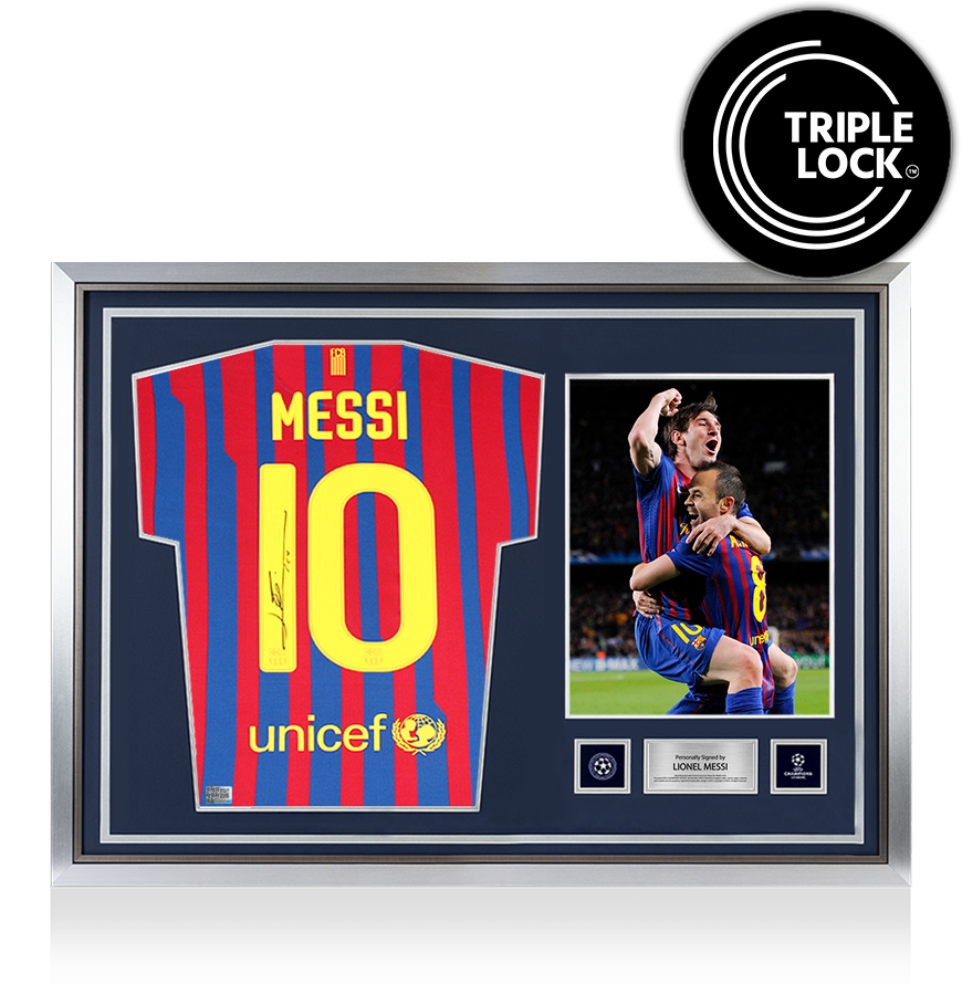 Lionel Messi Official UEFA Champions League Back Signed and Hero Framed FC Barcelona 2011-12 Home Shirt