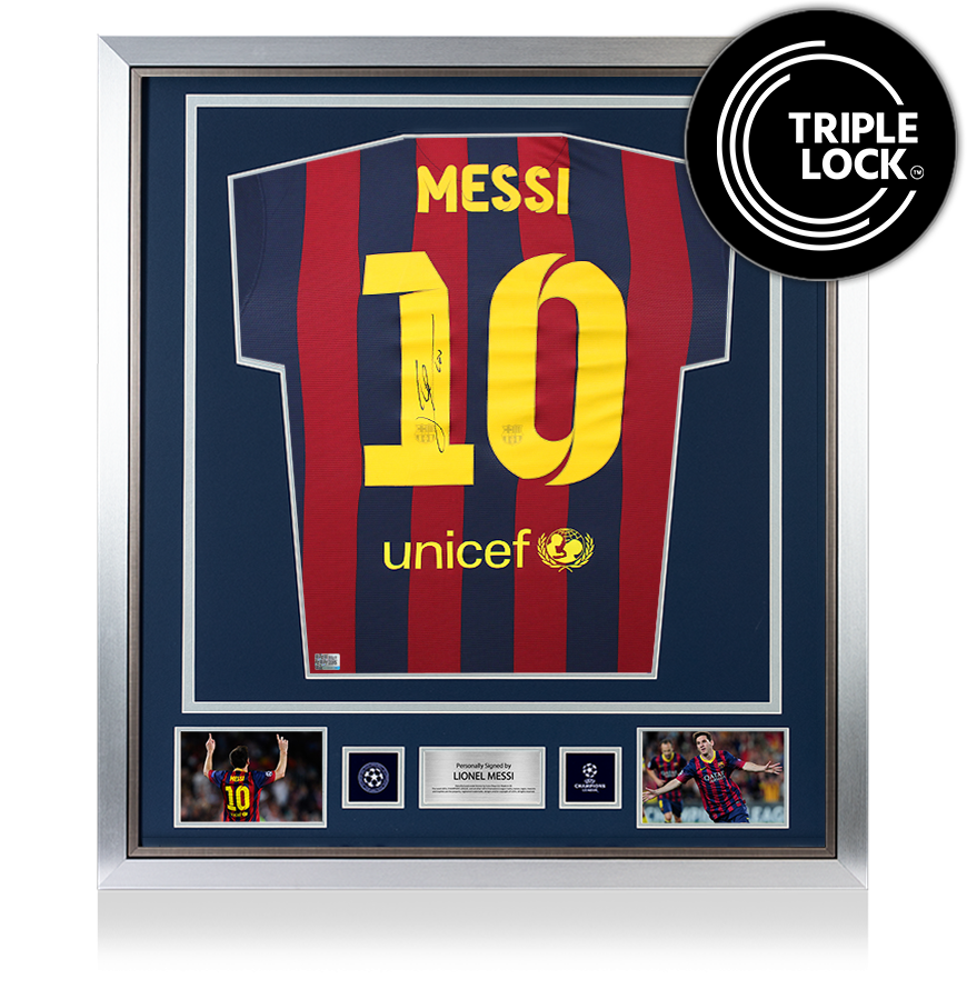 Lionel Messi Official UEFA Champions League Back Signed and Framed FC Barcelona 2013-14 Home Shirt