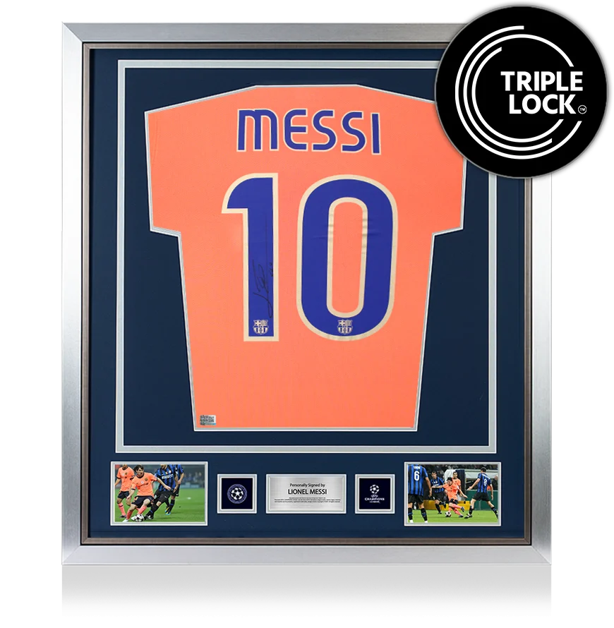 Lionel Messi Official UEFA Champions League Back Signed and Framed FC Barcelona 2009-10 Away Shirt UEFA Club Competitions Online Store
