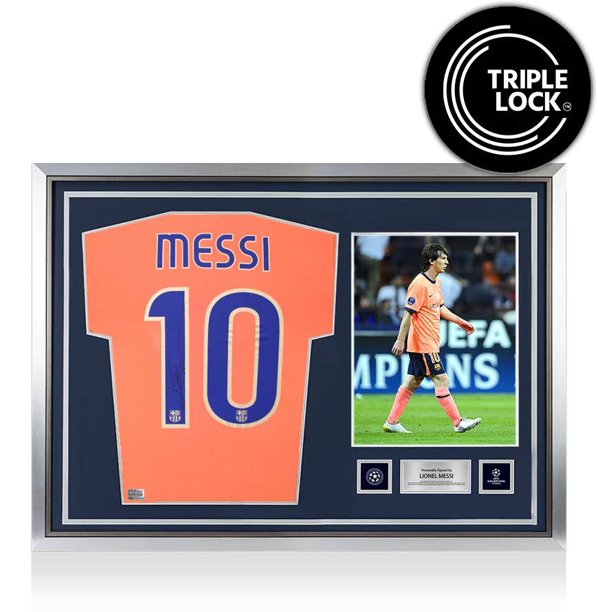Lionel Messi Official UEFA Champions League Back Signed and Hero Framed FC Barcelona 2009-10 Away Shirt