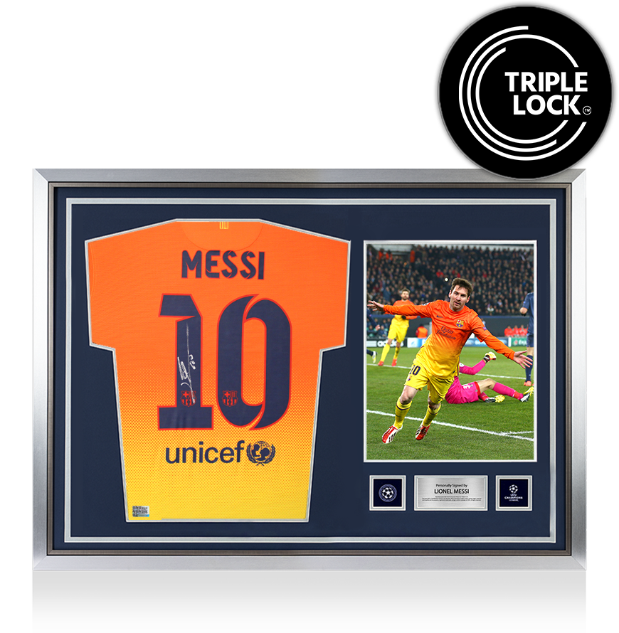 Lionel Messi Official UEFA Champions League Back Signed and Hero Framed FC Barcelona 2012-13 Away Shirt