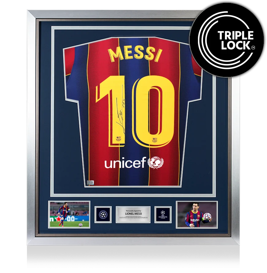 Lionel Messi Official UEFA Champions League Back Signed and Framed FC Barcelona 2020-21 Home Shirt UEFA Club Competitions Online Store