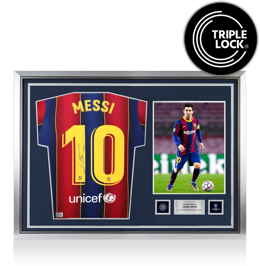 Lionel Messi Official UEFA Champions League Back Signed and Hero Framed FC Barcelona 2020-21 Home Shirt