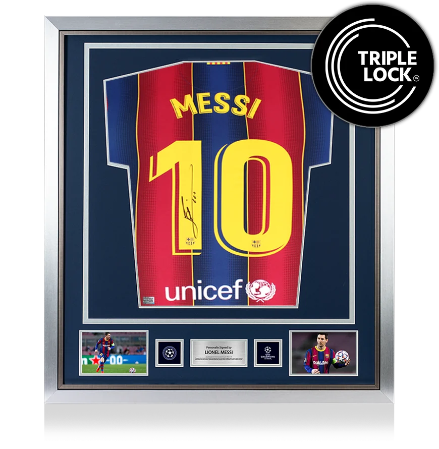 Lionel Messi Official UEFA Champions League Back Signed and Framed FC Barcelona Authentic 2020-21 Home Shirt UEFA Club Competitions Online Store