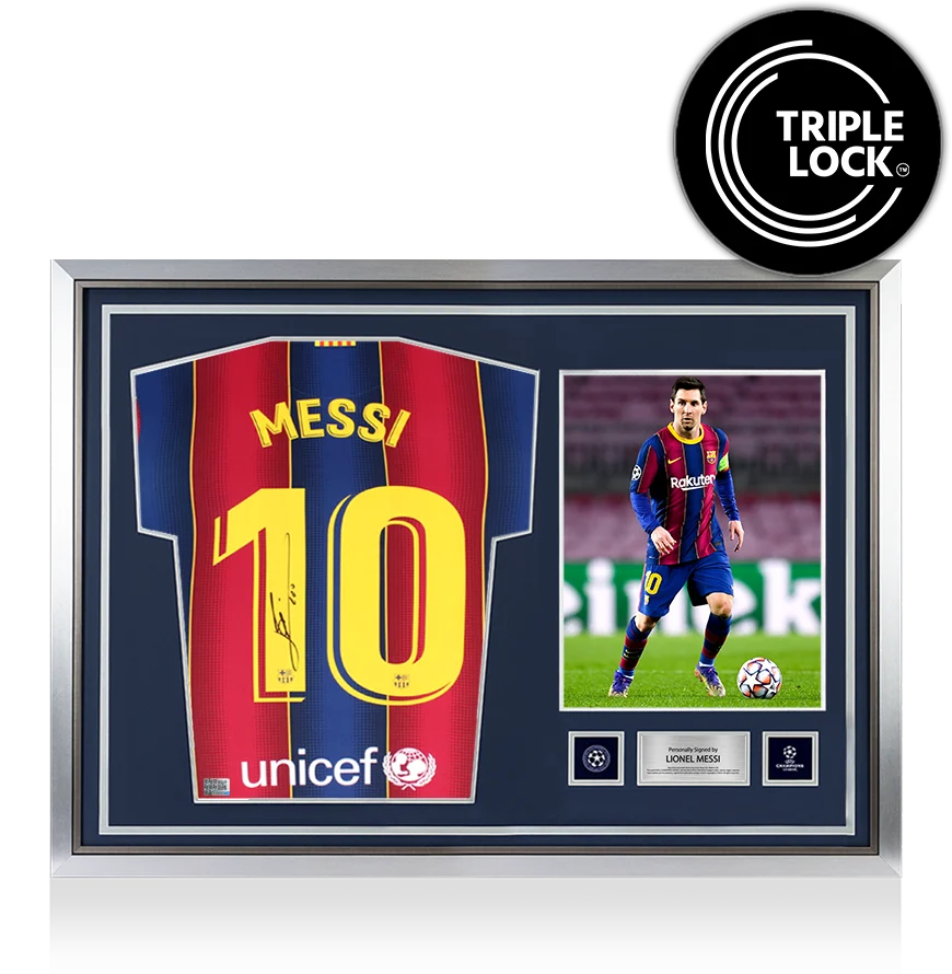 Lionel Messi Official UEFA Champions League Back Signed and Hero Framed FC Barcelona Authentic 2020-21 Home Shirt UEFA Club Competitions Online Store