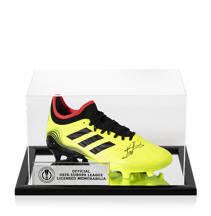 Pedri Official UEFA Europa League Signed Yellow Adidas Copa Sense .3 FG Boot In Acrylic Case