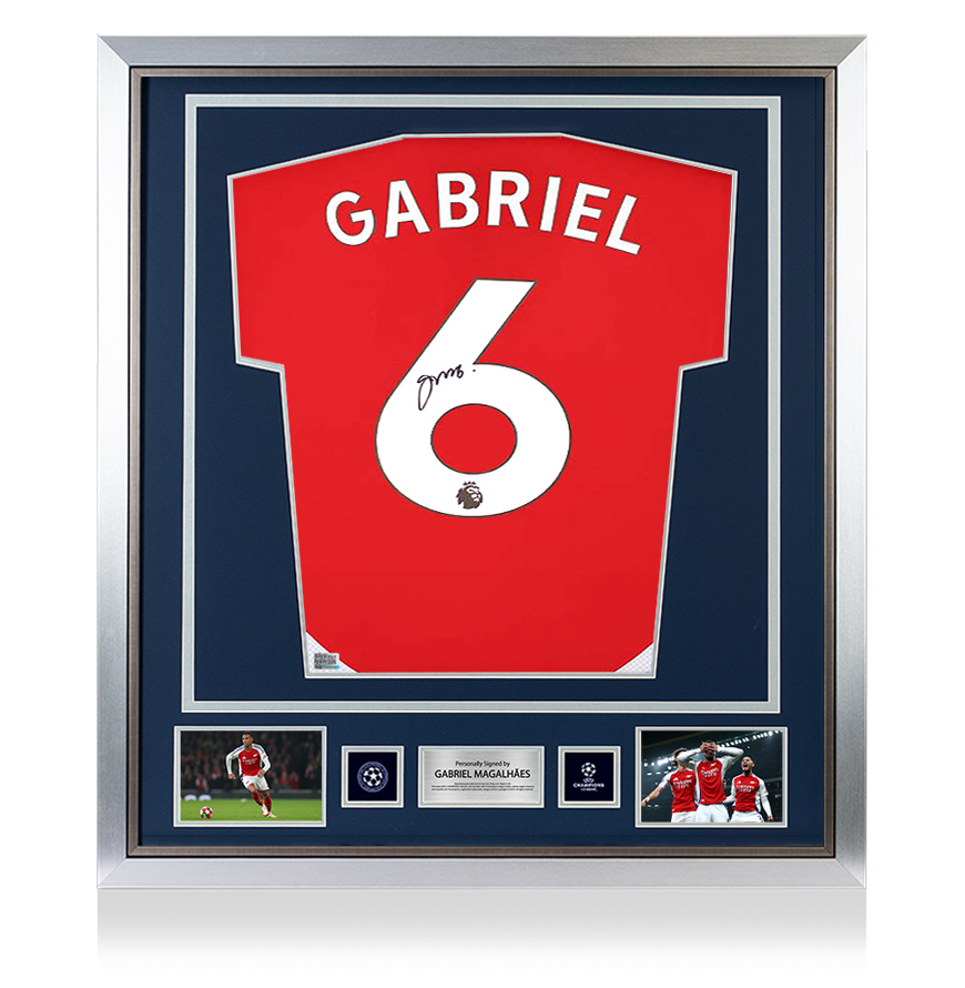 Gabriel Magalhães Official UEFA Champions League Back Signed and Framed Arsenal 2024-25 Home Shirt