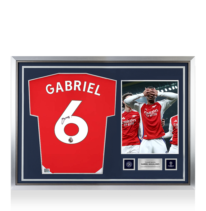Gabriel Magalhães Official UEFA Champions League Back Signed and Hero Framed Arsenal 2024-25 Home Shirt