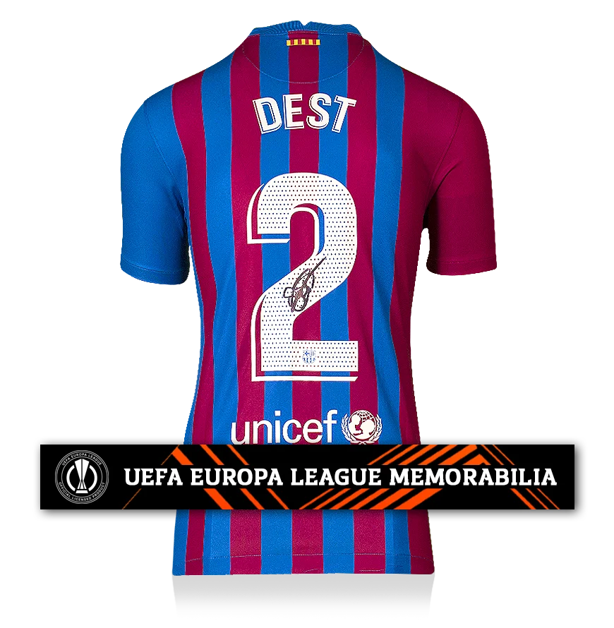 Sergino Dest Official UEFA Europa League Back Signed FC Barcelona 2021-22 Home Shirt