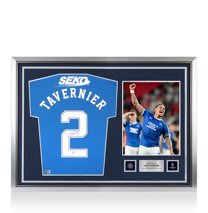 James Tavernier Official UEFA Champions League Back Signed and Hero Framed Rangers FC 2022-23 Home Shirt