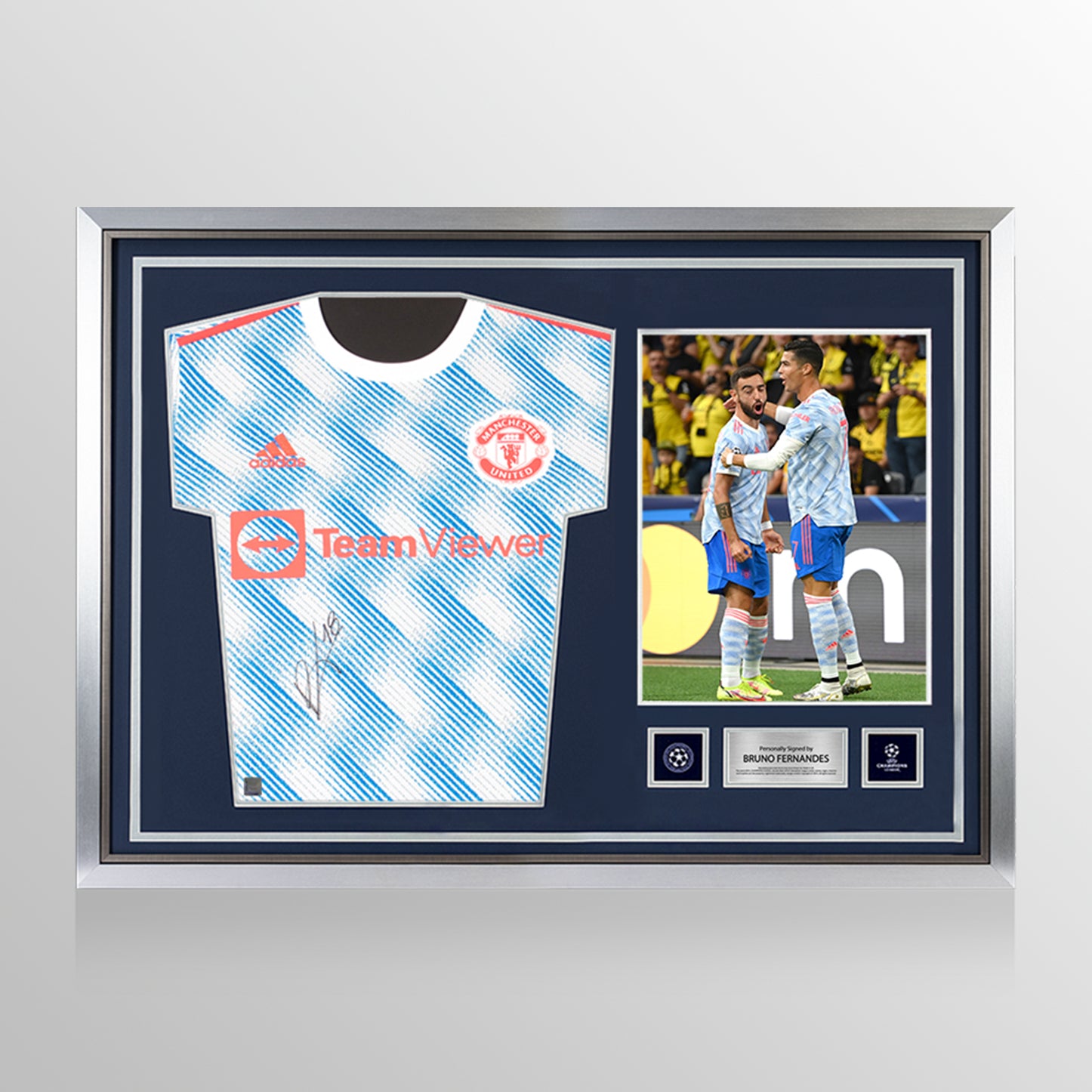 Bruno Fernandes Official UEFA Champions League Front Signed and Hero Framed Manchester United 2021-22 Away Shirt UEFA Club Competitions Online Store