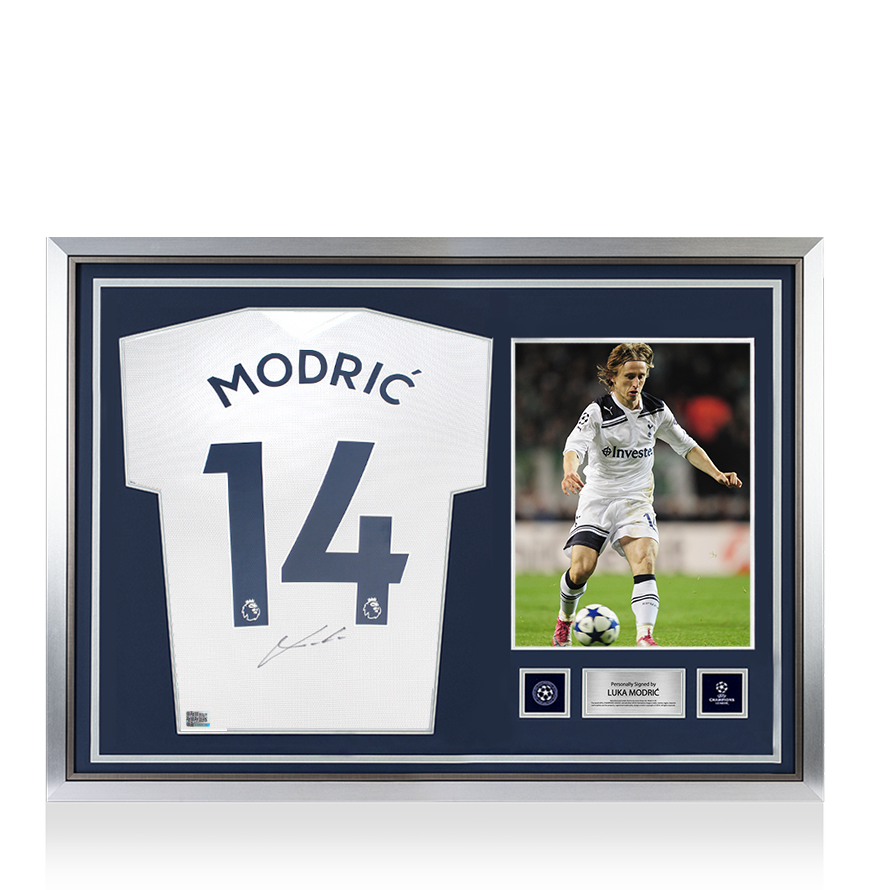 LUKA MODRIC OFFICIEL UEFA Champions League Back Signé et Hero Framed Tottenham Hotspur 2021-22 Home Shirt