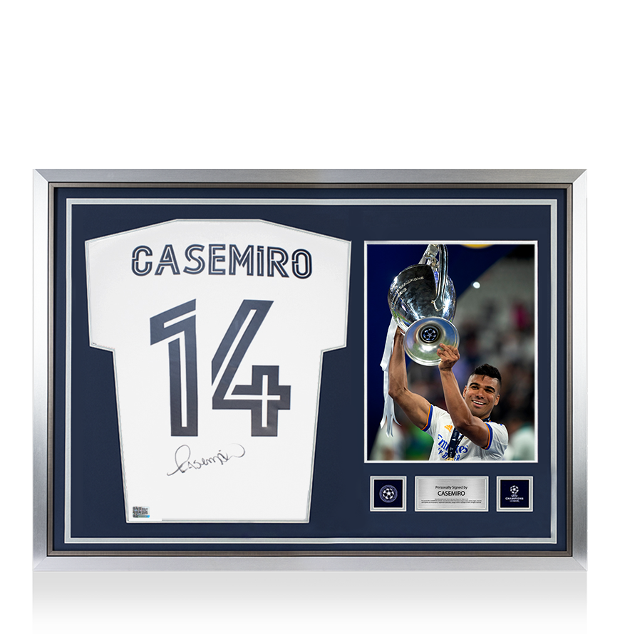 Casemiro Oficial de la UEFA Champions League firmado y héroe enmarcado Real Madrid 2020-21 Camisa de casa